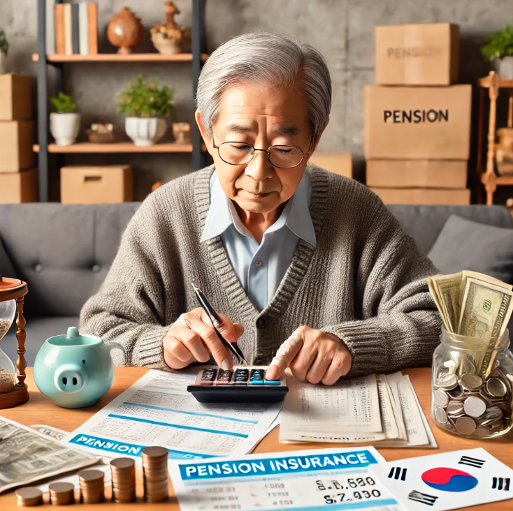 금융 문서에 둘러싸인 집에서 연금 혜택을 계산하는 노인