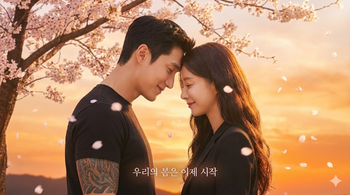 흐드러지게 핀 벚꽃 나무 아래, 서로의 이마를 맞대고 있는 선재규와 윤봄.