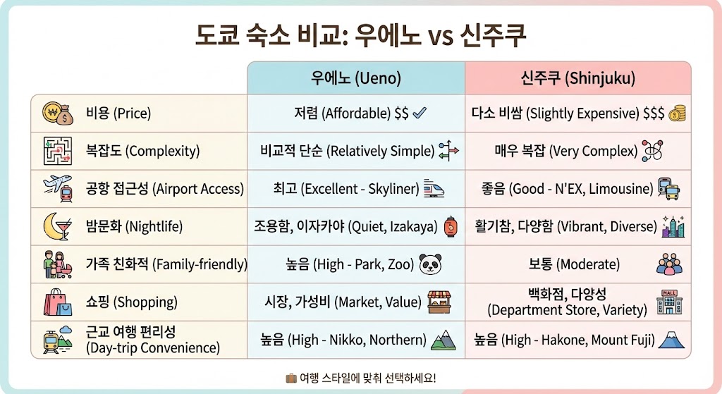 우에노 vs 신주쿠 숙소 선택 가이드|초보자도 3분 결정표(2026)