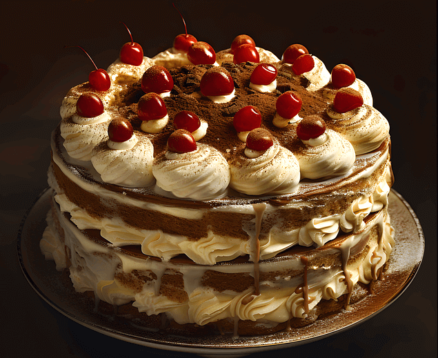 둥그런 2단 생크림 케이크 위에 빨간 체리들이 한가득 올려졌다.