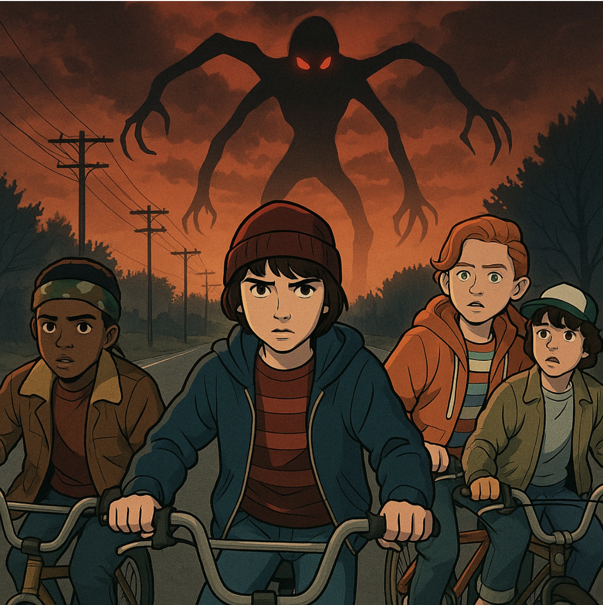 넷플릭스 기묘한 이야기 드라마 괴물을 보고 자전거를 타고 도망가는 아이들