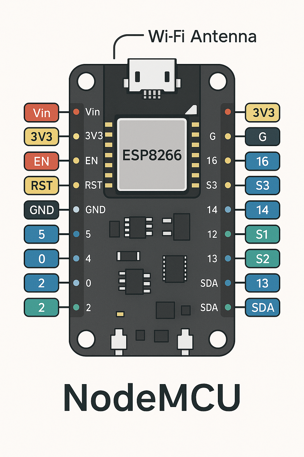 NodeMCU ESP8266 개발 보드 핀배치도 및 주요 구성요소