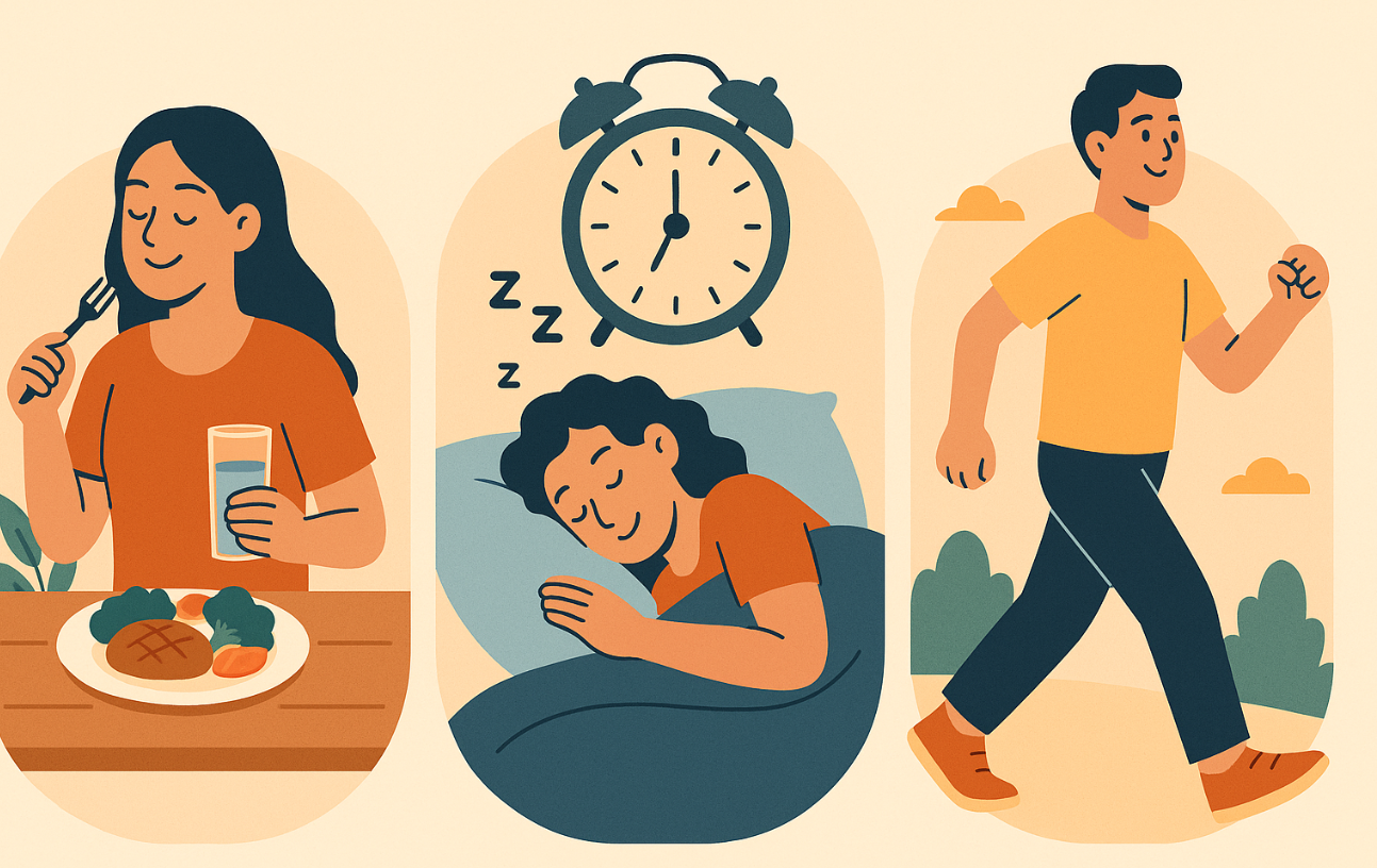 세 가지로 나뉘어 복부지방 줄이기에 도움이 되는 생활습관을 보여주는 일러스트