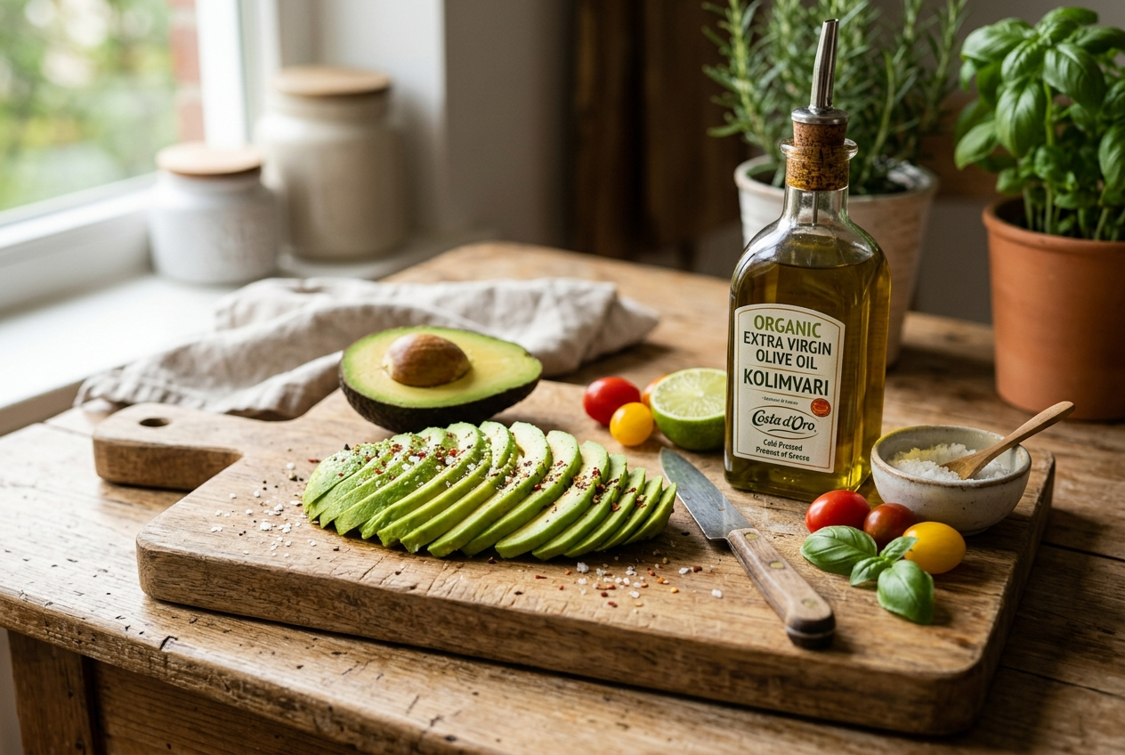도마 위에 썰려 있는 신선한 아보카도와 엑스트라 버진 올리브 오일 병