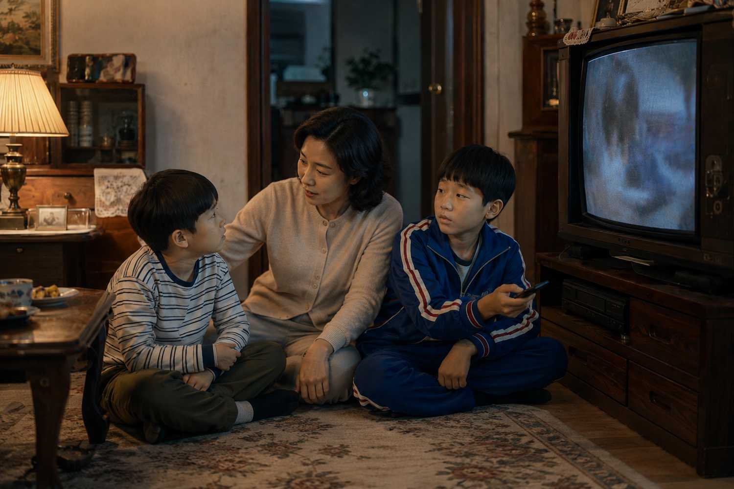 거실에서 부모가 두 아들 사이에 앉아 이야기를 들으며 손짓으로 설명하는 모습