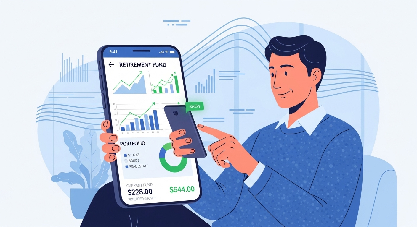 스마트폰 앱으로 퇴직연금 포트폴리오를 편리하게 관리하는 사람의 모습