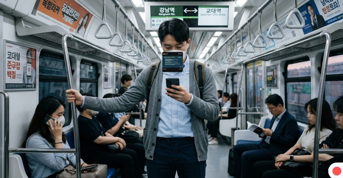 스마트폰으로 짧은 요약 강의를 보며 이동 중인 직장인