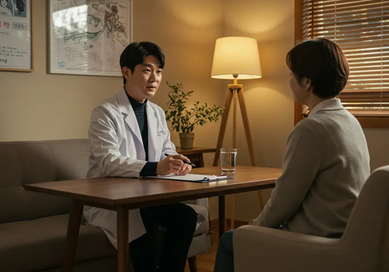 정신과 의사가 환자와 마주 앉아 따뜻하게 상담하는 모습. 안정적이고 희망적인 분위기.