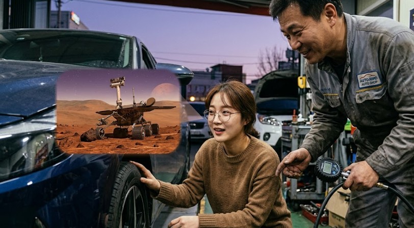 캄캄한 정비소에서 타이어 공기압을 확인 중인 여성 운전자와 화성 탐사 로버의 금속 그물 타이어 기술이 상상력으로 연결된 모습