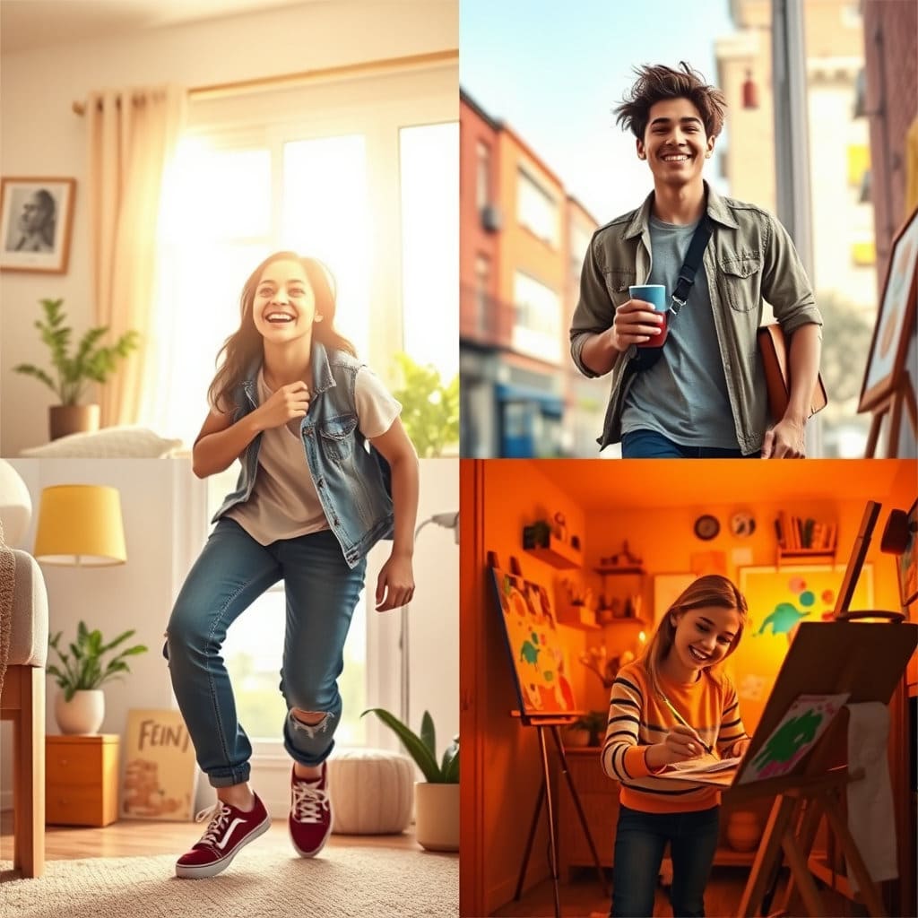 청년이 아침에 기분 좋게 일어나거나, 출근길에 활기찬 발걸음을 옮기거나, 퇴근 후 취미 생활을 즐기는 등 일상 속에서 행복을 느끼는 모습을 그립니다. 밝고 생동감 있는 색감과 표정으로 지원 사업이 가져다주는 긍정적인 변화를 표현합니다.