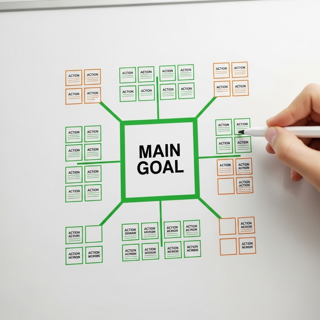 손으로 작성 중인 만다라트 계획표. 핵심 목표와 하위 목표, 실천 계획이 체계적으로 시각화되어 있다.