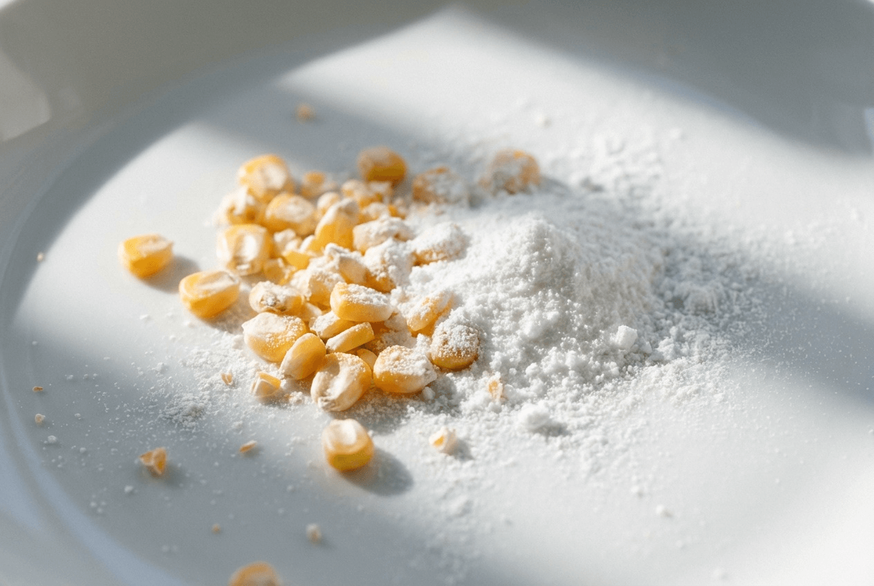 옥수수 알갱이와 흰색 알파-사이클로덱스트린 분말이 함께 놓인 모습, 천연 원료 강조