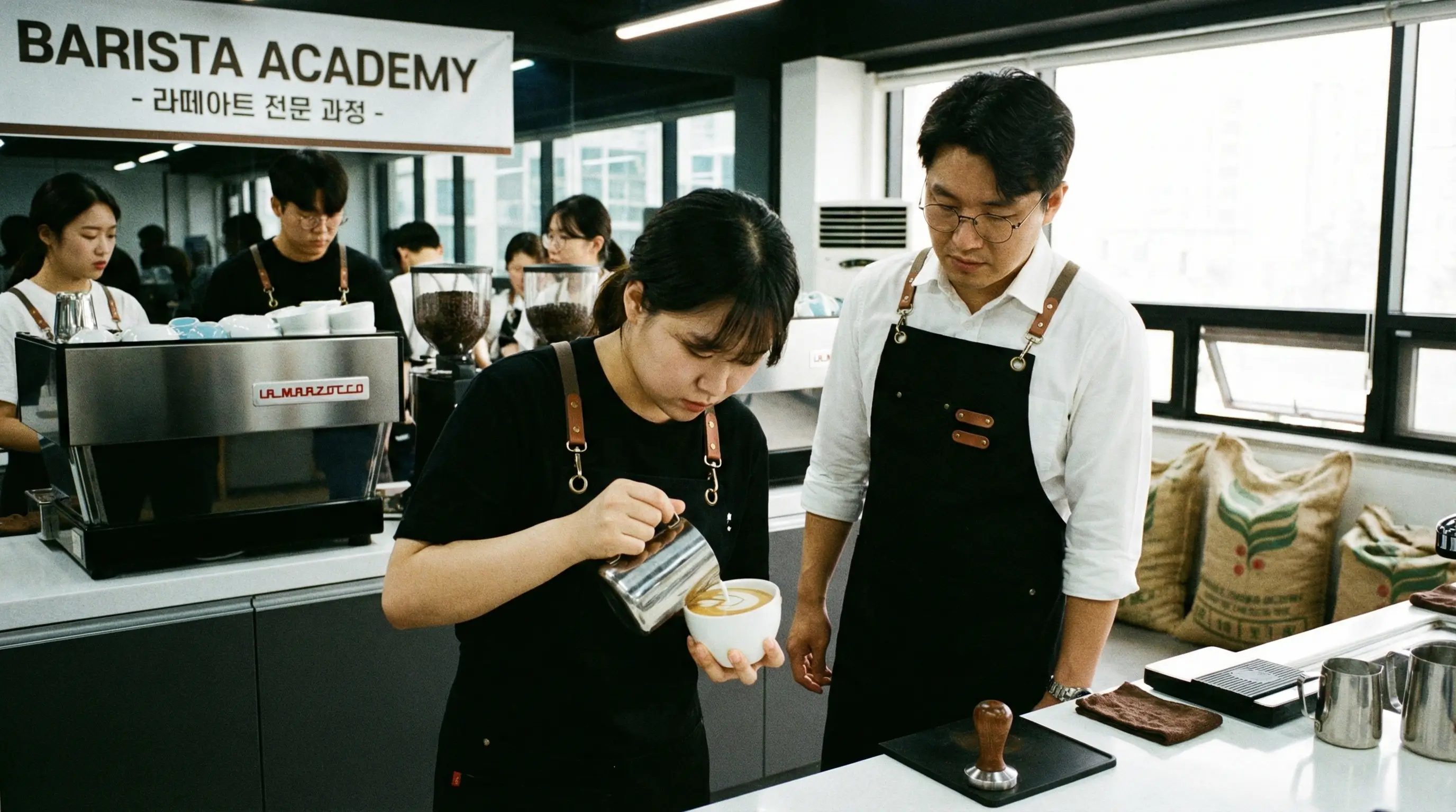 전문 바리스타 학원에서 수강생이 에스프레소 머신을 조작하며 라떼아트를 배우고 있는 집중하는 모습