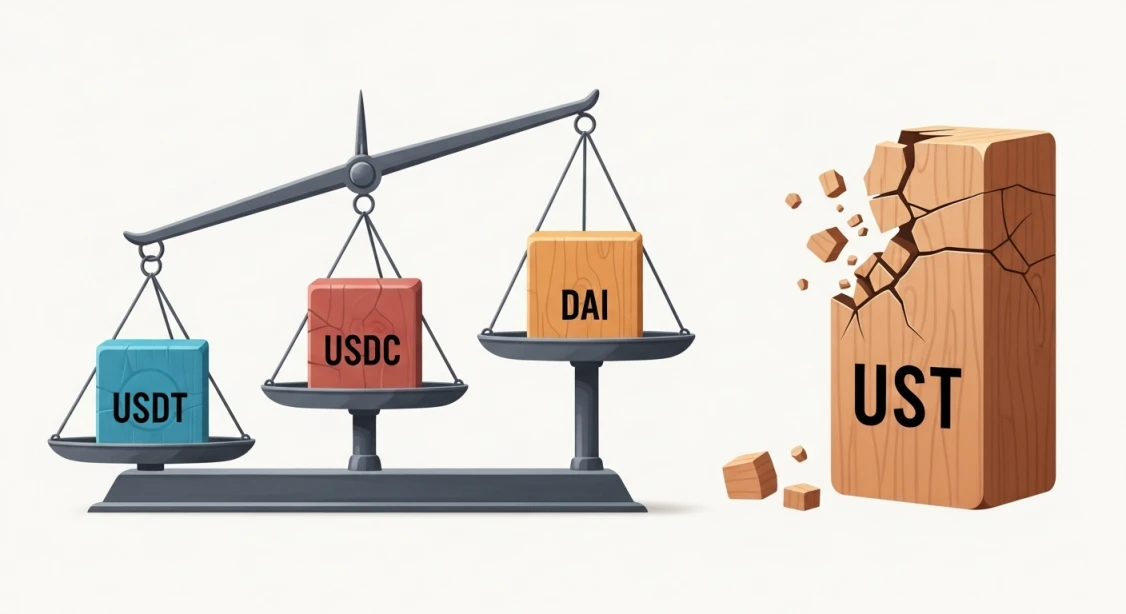 스테이블코인 분산 투자의 중요성과 디페깅 위험을 시각적으로 보여주는 2D 일러스트레이션. 위험 관리 섹션을 지원하는 이미지입니다.