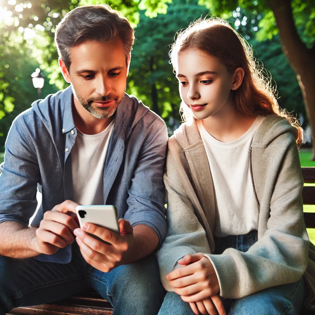 남자와 여자아이가 핸드폰을 보는 사진