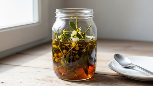 겨우살이 줄기와 설탕으로 만든 겨우살이 청