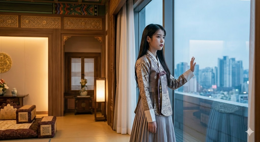 밤의 서울 야경을 바라보며 창가에 선 성희주의 고독하고 단단한 분위기