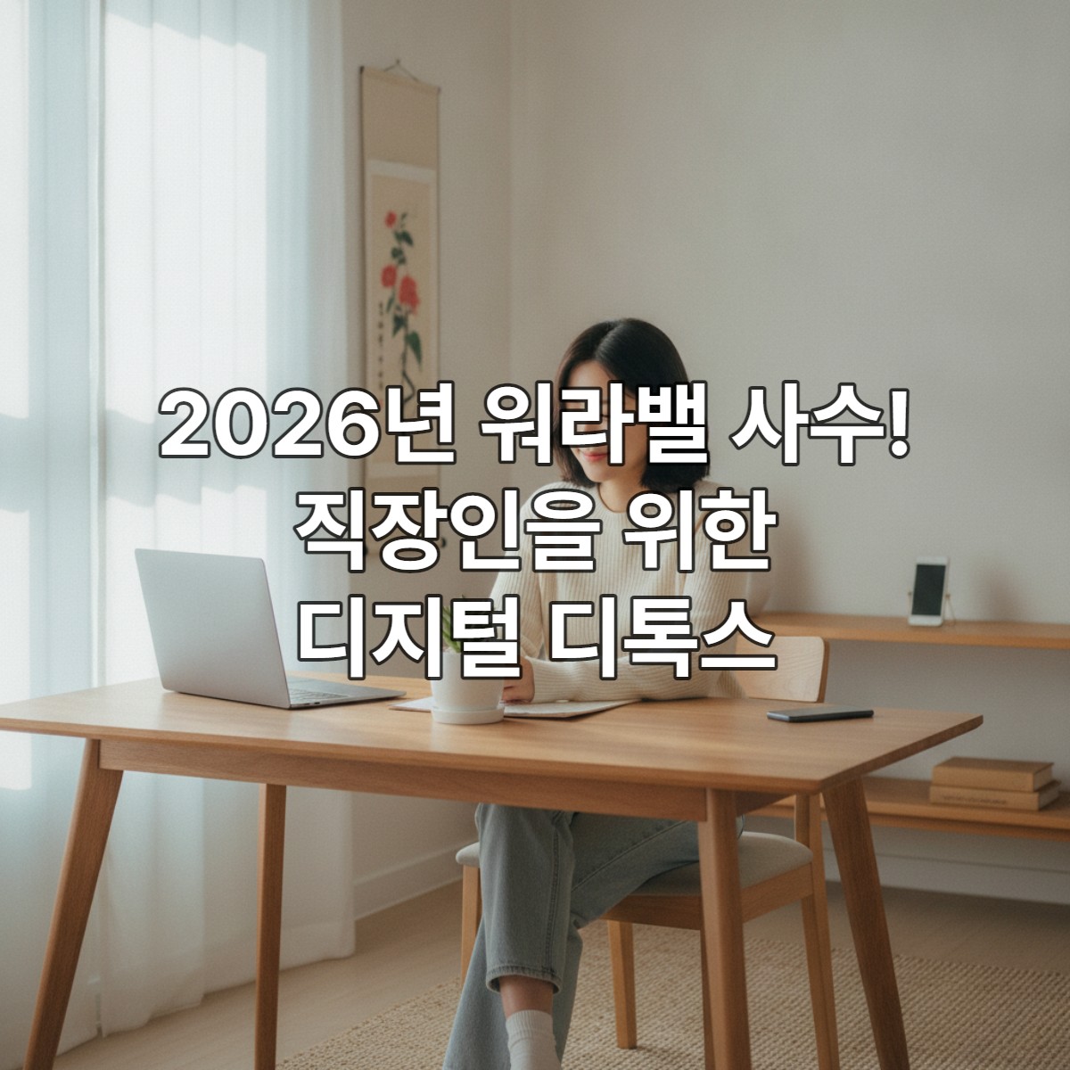 깔끔한 홈 오피스에서 노트북과 휴대폰을 멀리 두고 화분을 보며 미소 짓는 한국인 여성 직장인
