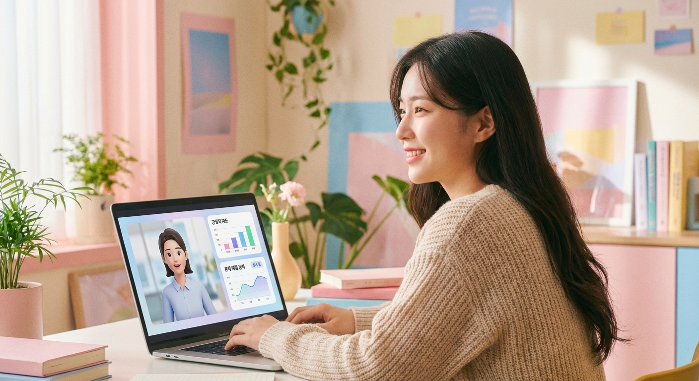 편안한 집에서 노트북을 통해 비대면 AI 역량 검사를 진행하는 취업 준비생의 모습