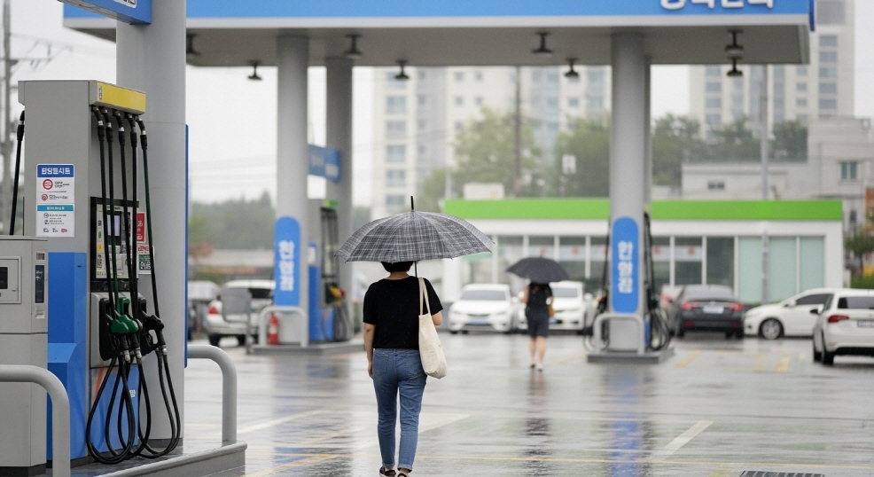 비 오는 날 우산 들고 주유소 진입하는 모습