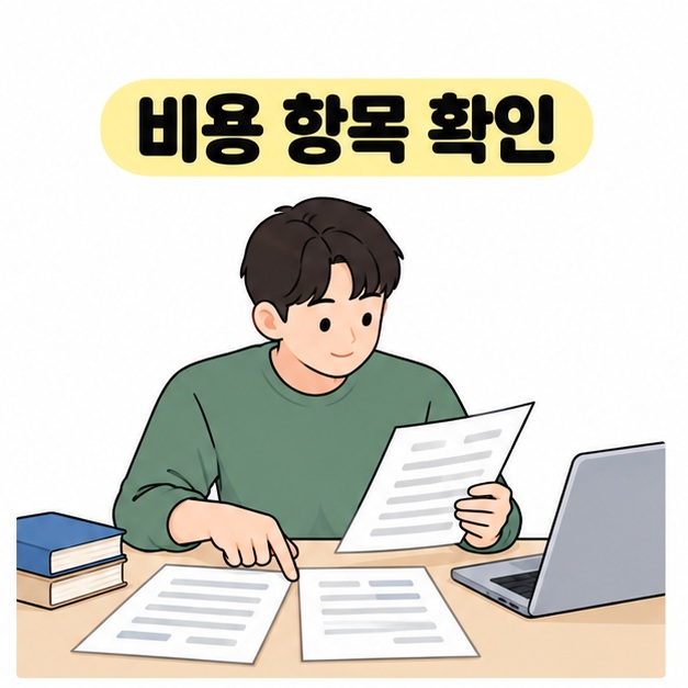 남성이 책상 위의 여러 안내 문서를 손가락으로 짚으며 비용 항목을 확인하는 모습