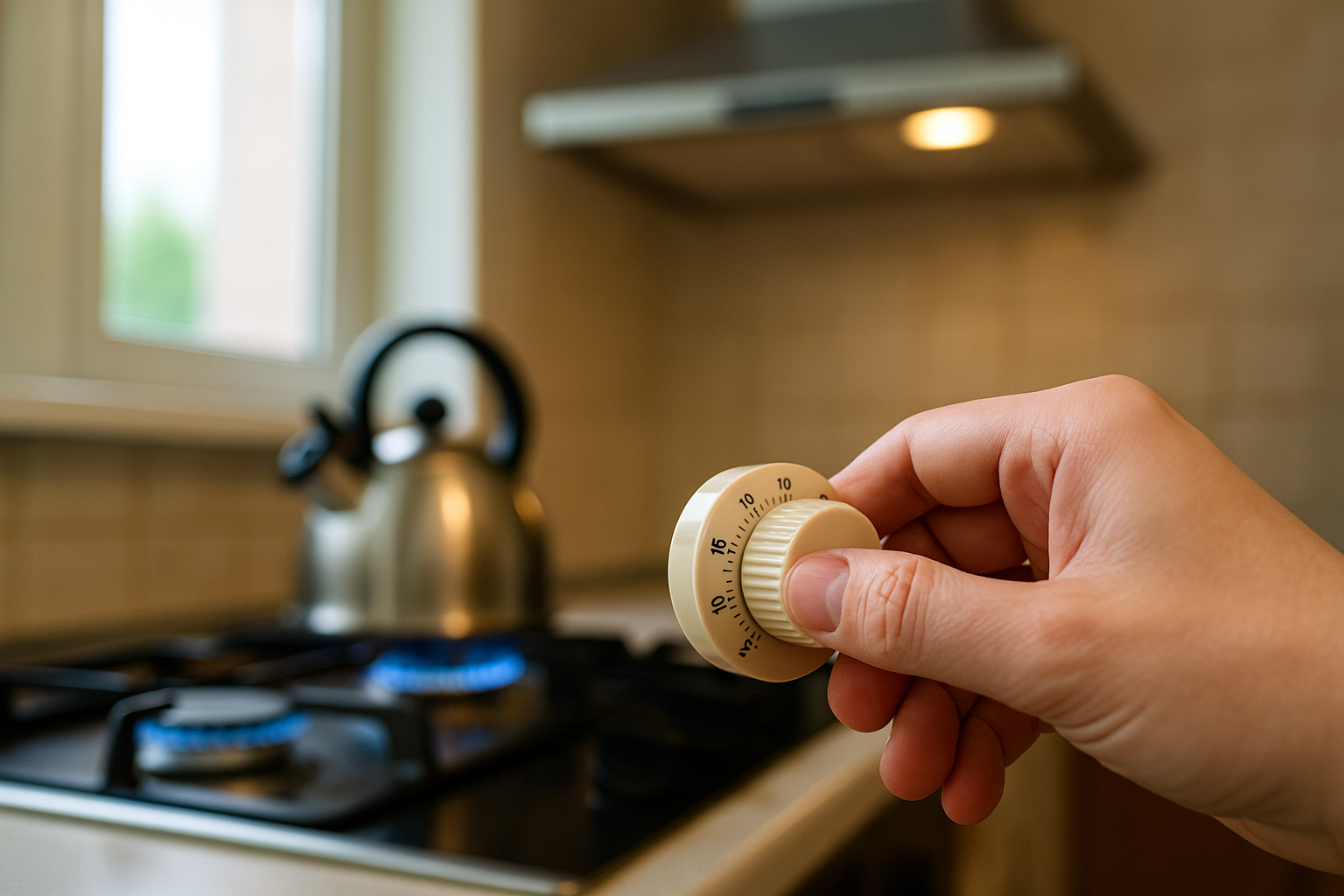 창문 1/3 개방과 후드 가동 상태에서 가스 타이머 다이얼을 맞추는 손