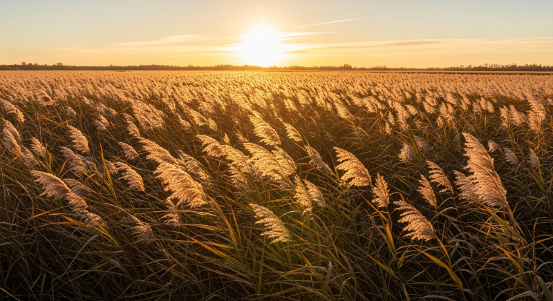 일몰 시간, 황금빛 햇살이 부서지는 광활한 갈대밭의 와이드 앵글 샷. 바람에 흔들리는 갈대 물결이 따뜻하고 평화로운 가을 분위기를 연출하는 모습.