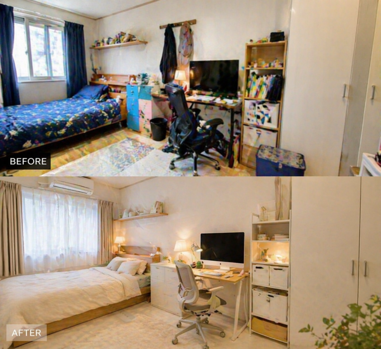 색상이 제가각인 원룸을 화이트와 베이지 톤으로 정리해 깔끔해진 자취방 모습