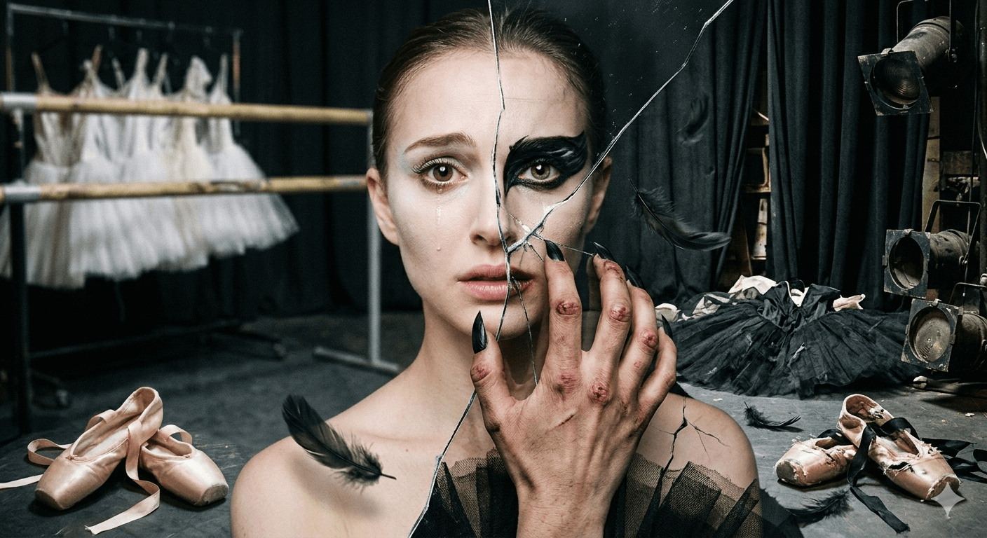 깨진 거울 속에서 흑백의 자아로 분열된 영화 블랙 스완의 주인공과 상처 입은 손.