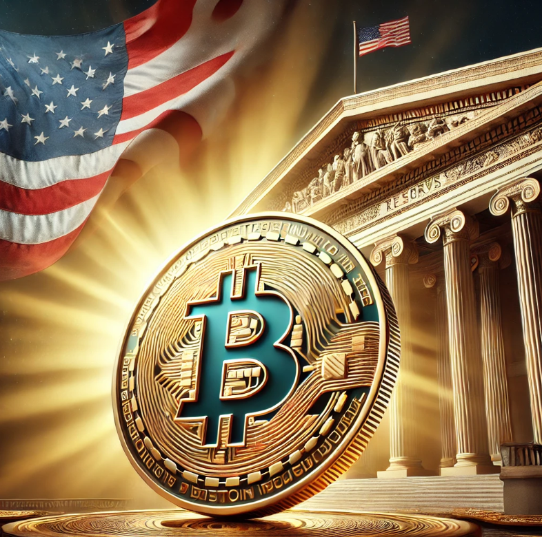 비트코인과 미국 국기, 정부 관청 스타일의 배경이 어우러진 상징적 이미지