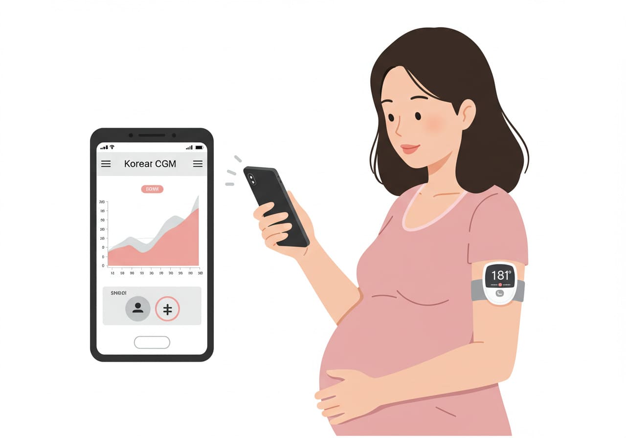임산부가 연속혈당측정기로 혈당을 확인하는 모습