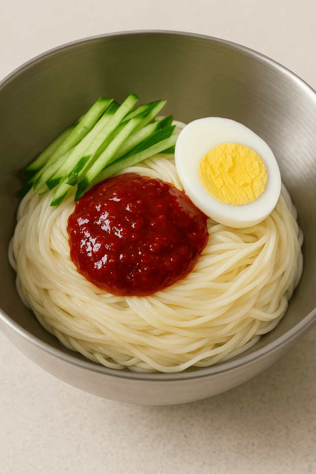 양념장이 얹어진 상태의 면 위에 오이와 계란이 올라간 비빔 전 상태