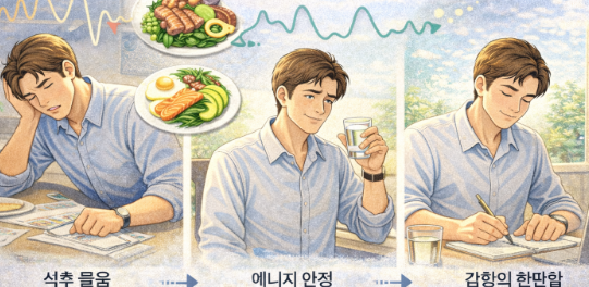 단 음식을 줄인 후 에너지 리듬이 안정되는 모습을 표현