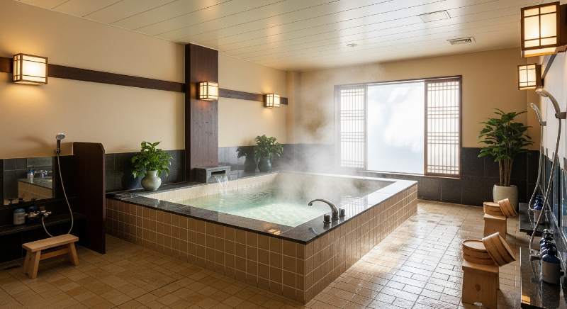 4인 가족이 넉넉하게 들어갈 수 있는 수안보 가족탕의 넓은 타일 욕조와 깨끗한 온천수가 담긴 모습