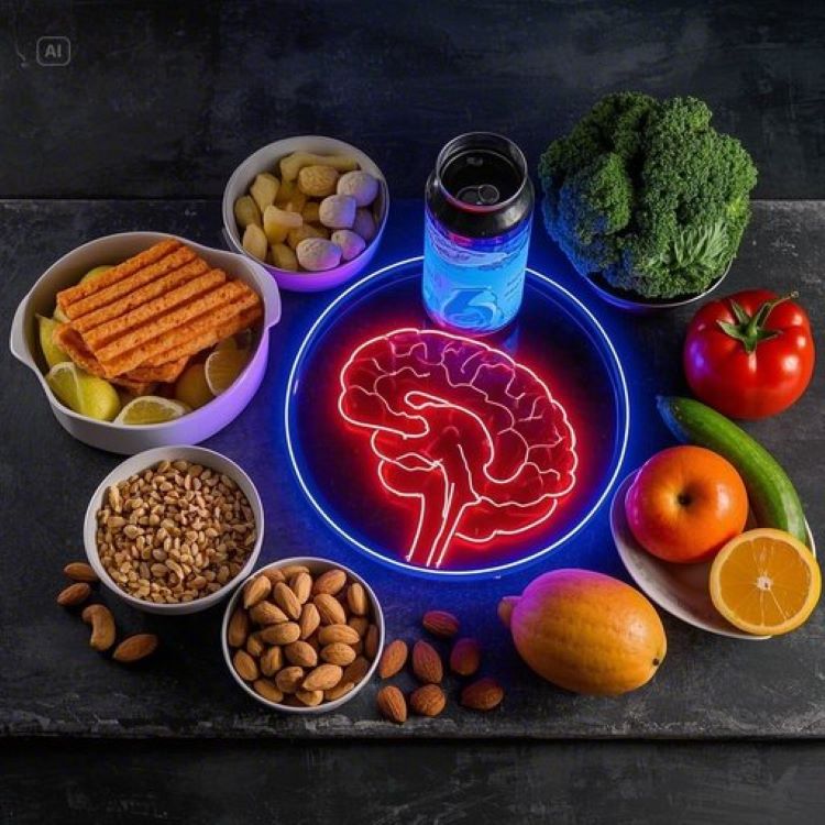 한쪽에는 형광색이 도는 과자, 탄산음료, 인스턴트 음식들이 번쩍이는 네온사인 같은 빛을 발산하며 배치되고, 다른 한쪽에는 신선한 과일, 채소, 견과류가 자연광 아래 따뜻하게 빛나는 대조적 구성. 중앙에는 뇌의 도파민 회로를 형상화한 신경망 이미지가 은은하게 오버레이되어 과학적이면서도 경고적인 메시지를 전달하는 이미지