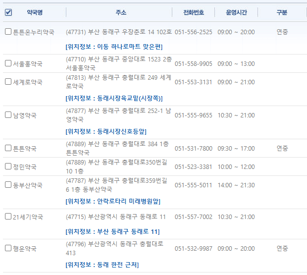 부산 동래구 일요일 문 여는 약국
부산 동래구 연중무휴 약국