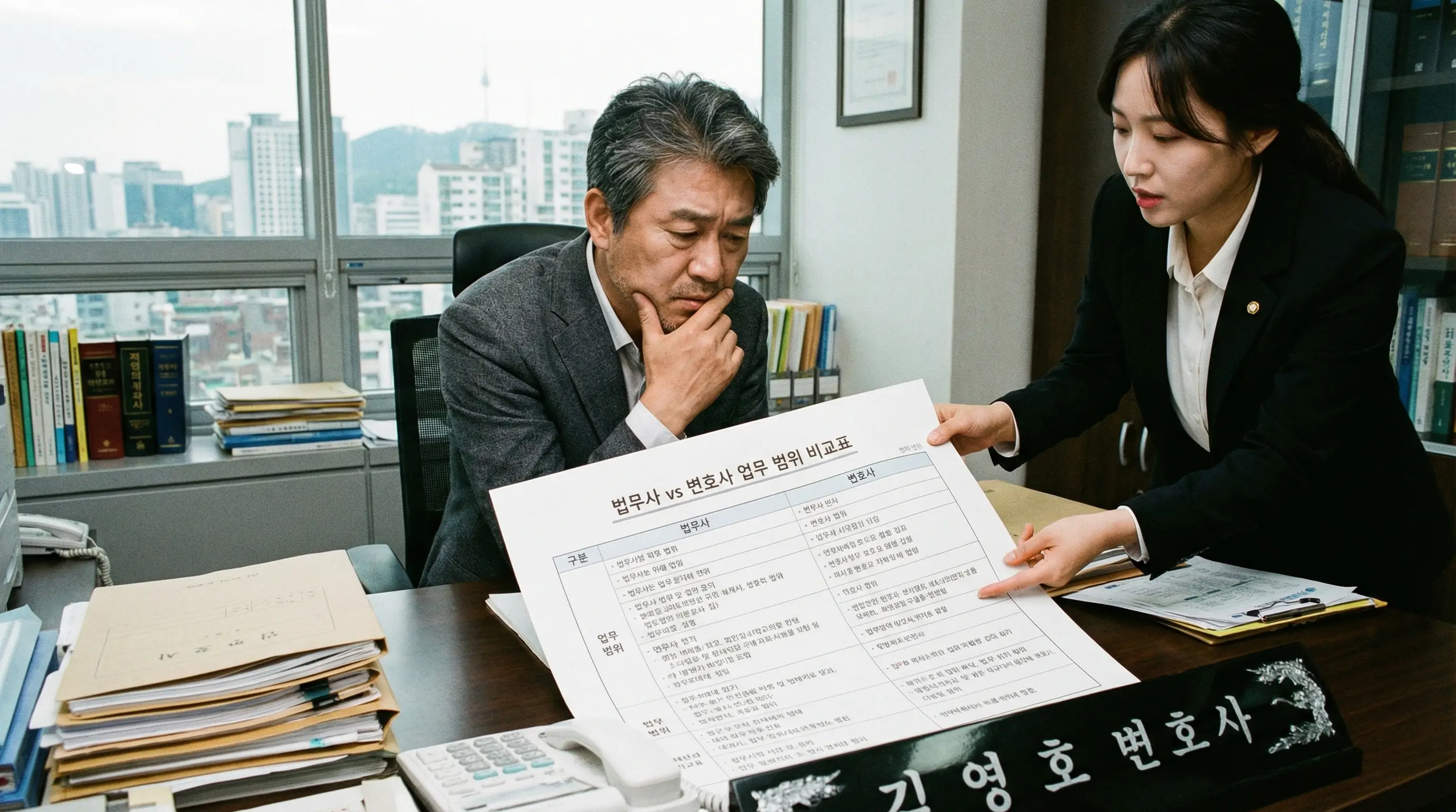 한국인 중년 남성이 법률사무소 책상에서 법무사와 변호사 업무 범위 비교표를 펼쳐놓고 진지하게 상담받으며 선택을 고민하는 모습