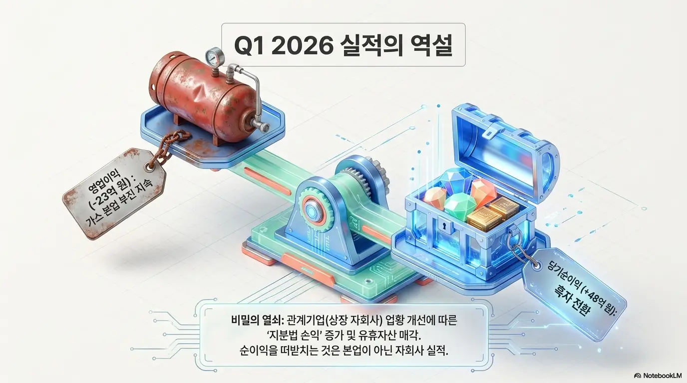 원익홀딩스 주가 전망: 원익홀딩스 2026년 1분기 실적의 역설을 저울로 표현한 이미지. 본업 부진으로 영업이익은 마이너스 23억 원 적자이지만 당기순이익은 48억 원 흑자 전환한 구조를, 관계기업 지분법 손익 증가와 유휴자산 매각이 순이익을 떠받친다는 핵심으로 설명함.