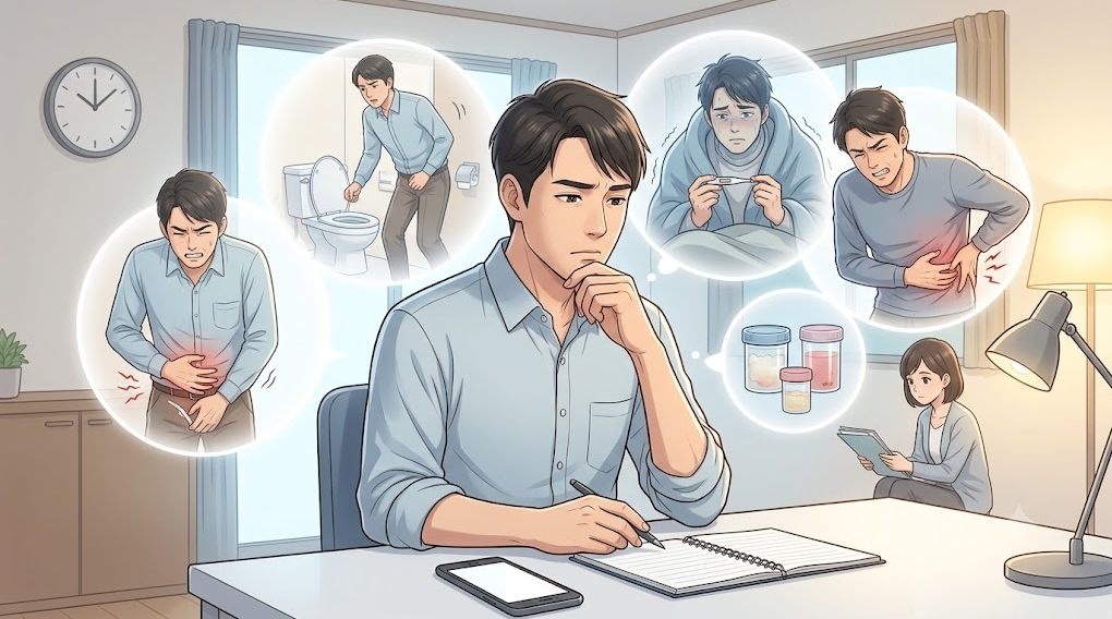 환자가 스마트폰과 노트로 배뇨통, 빈뇨, 발열, 옆구리 통증 등 증상 발생 시점을 기록하고 정리하는 장면의 일러스트