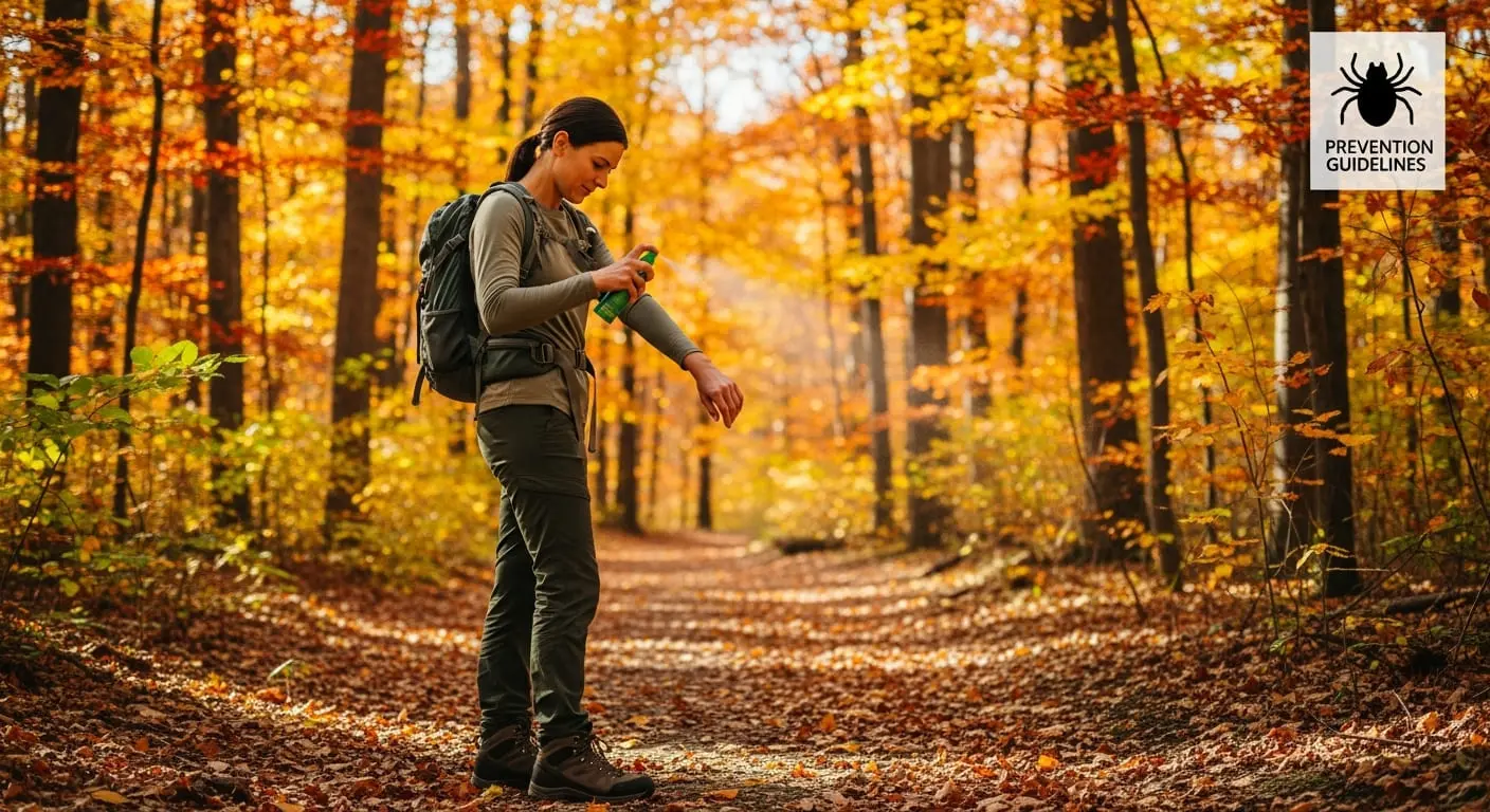 가을철-숲길에서-등산객이-긴팔-옷을-입고-진드기-기피제를-뿌리는-모습