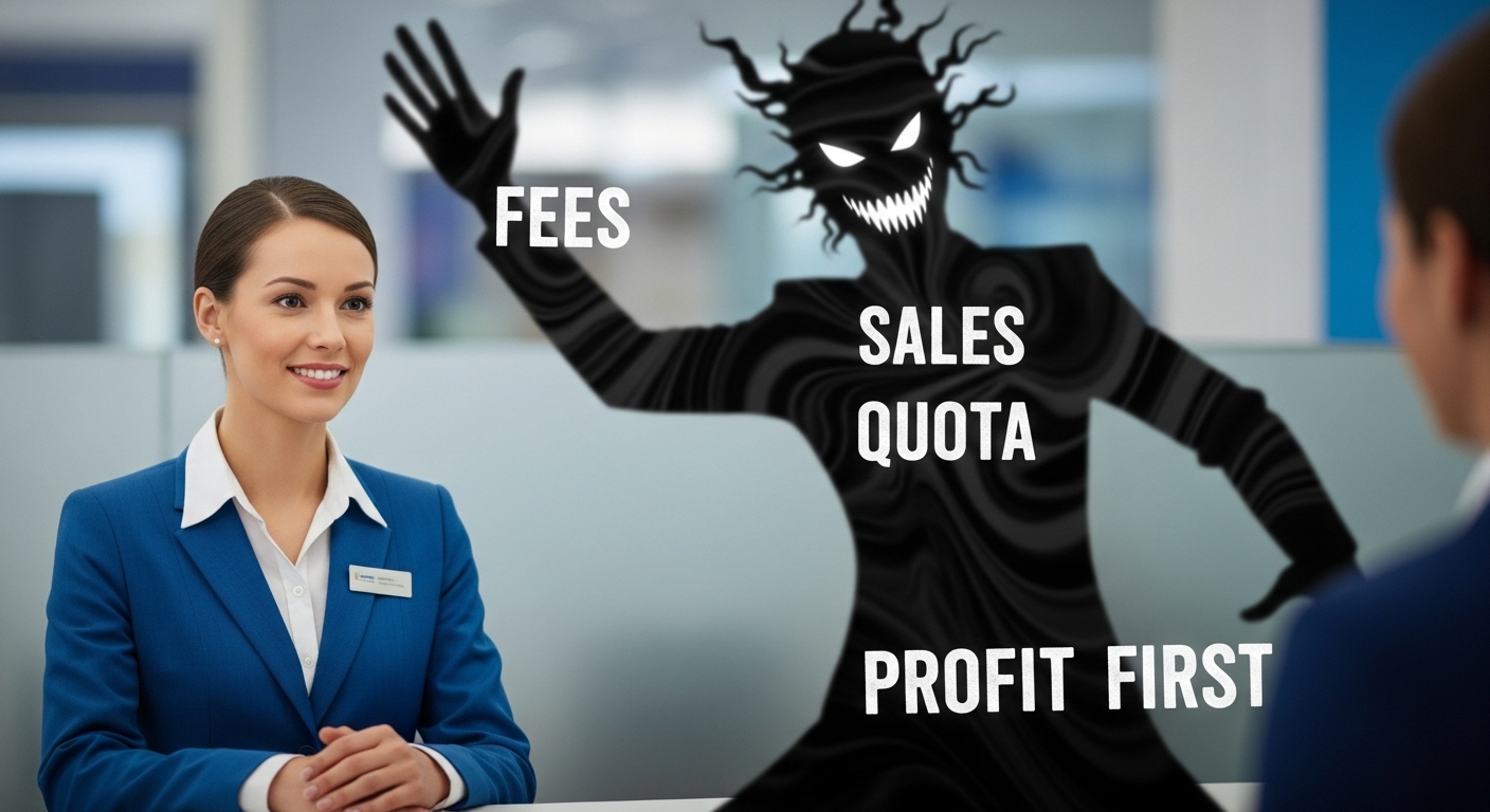 웃고 있는 은행원 뒤로 감춰진 '수수료', '실적 압박' 등의 검은 그림자가 보이는 일러스트