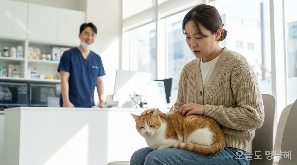 수의 병원 대기실에서 약간 무기력해 보이는 고양이를 쓰다듬는 한국인 여성 집사