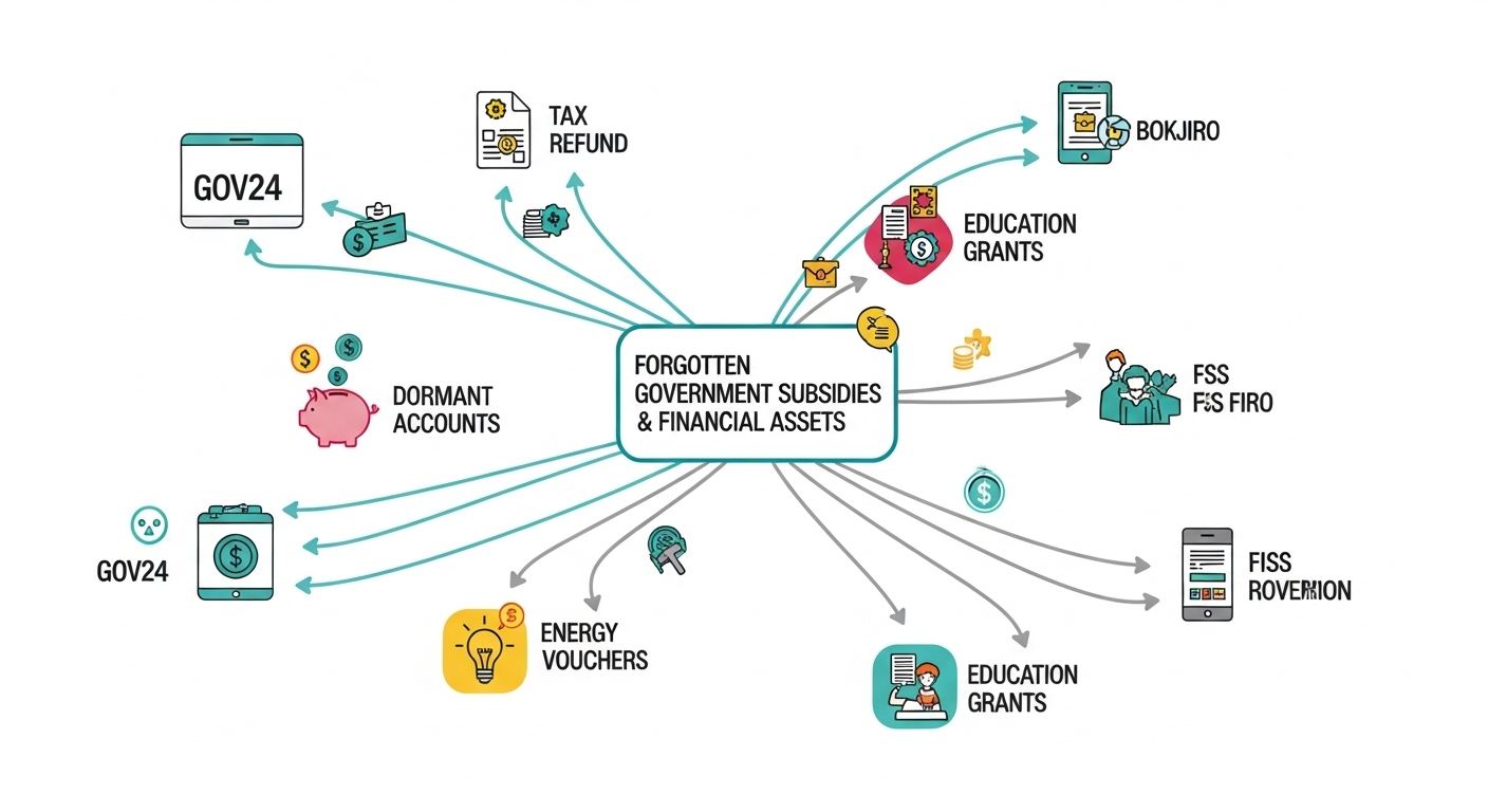 세금 환급금, 휴면 계좌, 에너지 바우처 등 다양한 잊힌 정부 지원금 유형과 조회처를 연결하여 보여주는 상세한 인포그래픽.