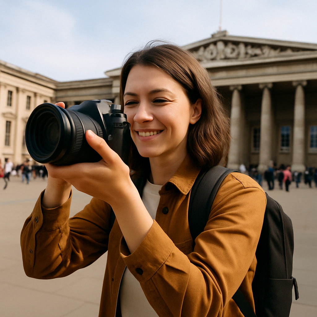 여행지에서 카메라를 들고 촬영 준비 중인 사람의 모습으로&amp;#44; 여행 중 사진 찍기 상황을 보여줍니다.