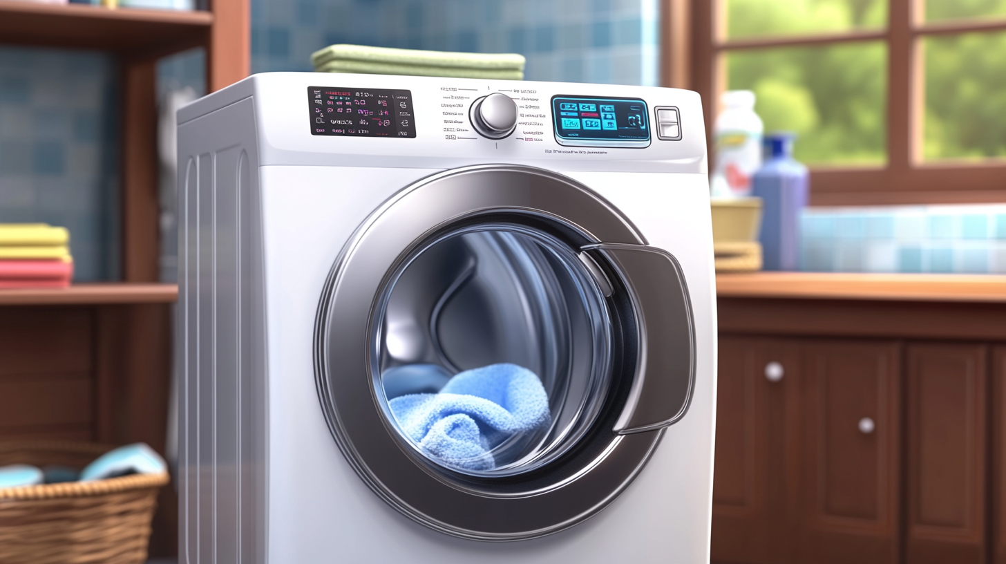 현대적인 가정 세탁실에 놓인 세련되고 미래지향적인 삼성 세탁기, 직관적인 조작 패널과 LCD 디스플레이에 초점을 맞춤.