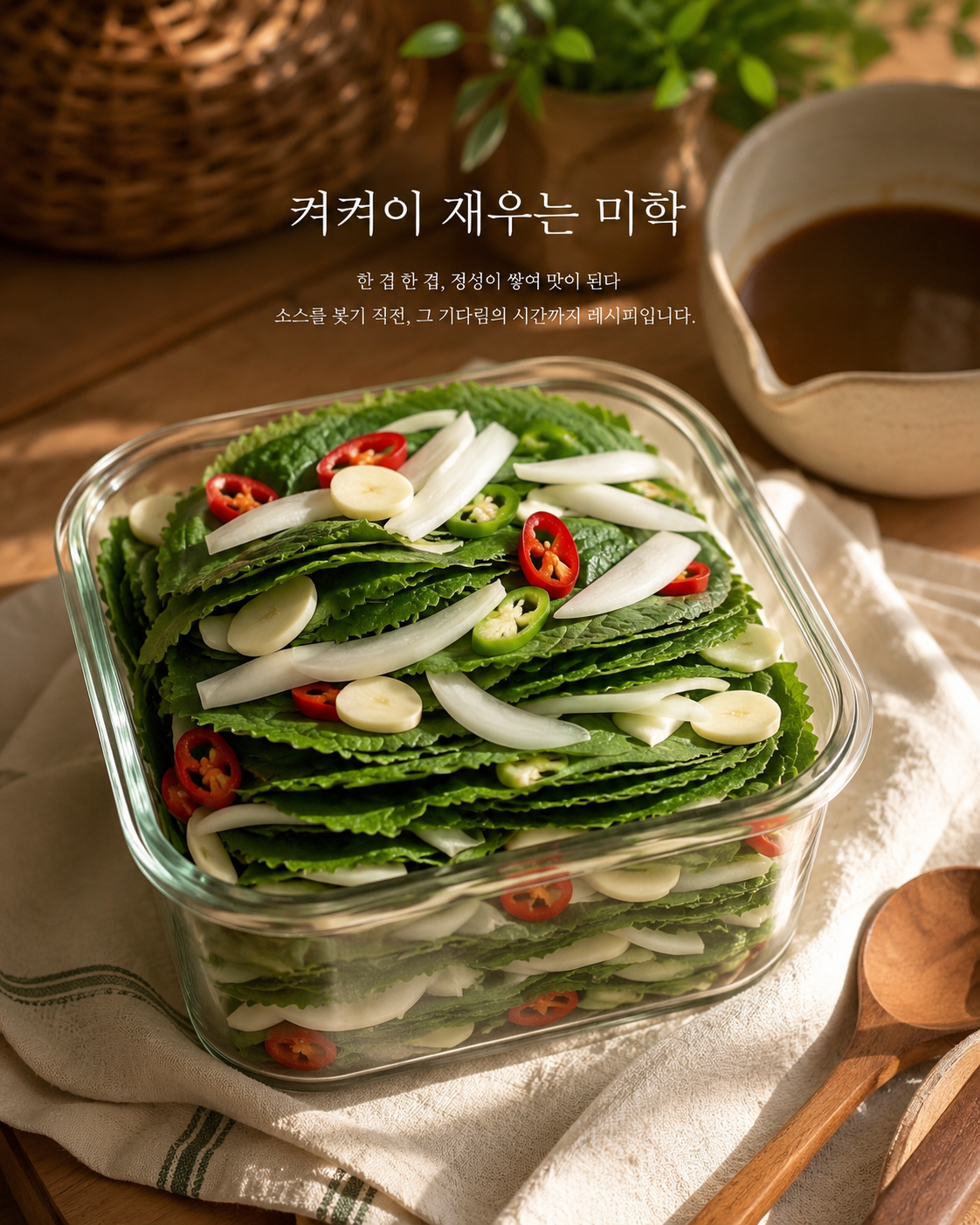 투명한 유리 용기 안에 층층이 쌓인 싱싱한 깻잎과 슬라이스한 양파, 홍고추, 청양고추, 마늘. 옆에는 간장 소스가 담긴 세라믹 포트와 나무 숟가락이 놓여 있다. 이미지 상단에는 '켜켜이 재우는 미학'이라는 한글 텍스트가 인쇄되어 있다.