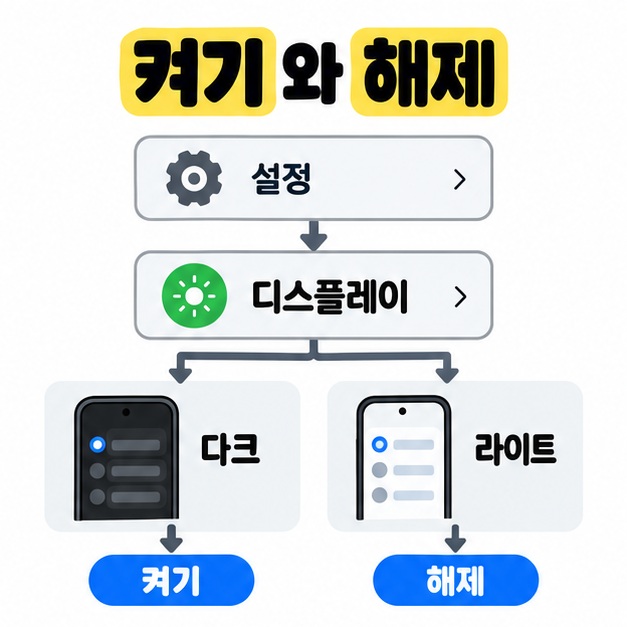 설정에서 디스플레이로 이동한 뒤 다크를 선택해 켜거나 라이트를 선택해 해제하는 흐름을 보여준다.