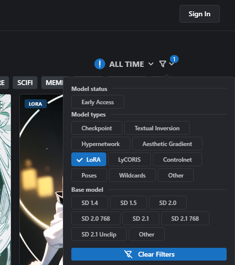 civitai - LoRA 필터 적용