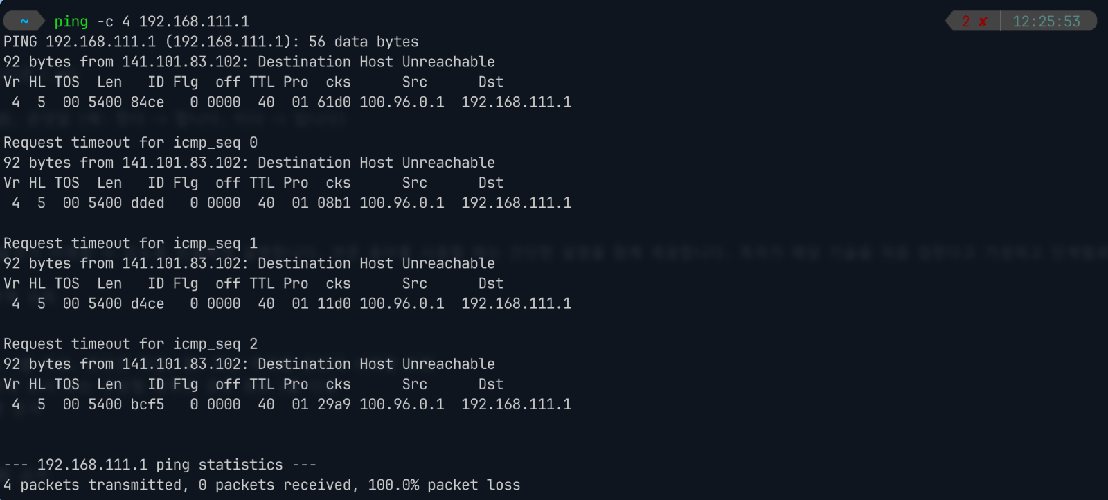 WARP Client가 정상적으로 VPN에 연결된 뒤 원격 네트워크의 내부 주소를 이용해 Ping을 실제로 실행한 결과