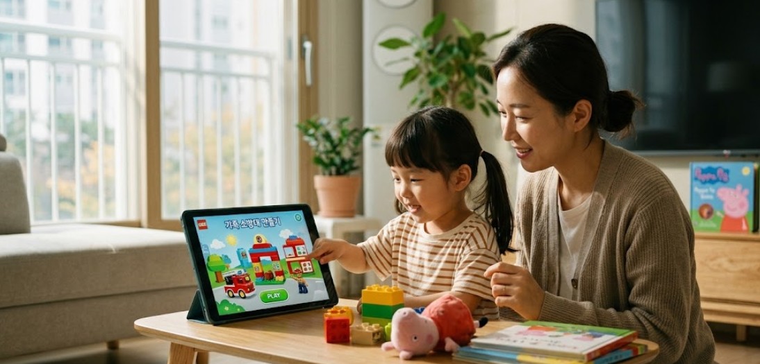 엄마와 함께하는 만 3세 아이의 올바른 미디어 노출. 레고 앱을 통한 인터랙티브 학습과 페파피그 교구를 활용한 자기주도적 시청 모습.